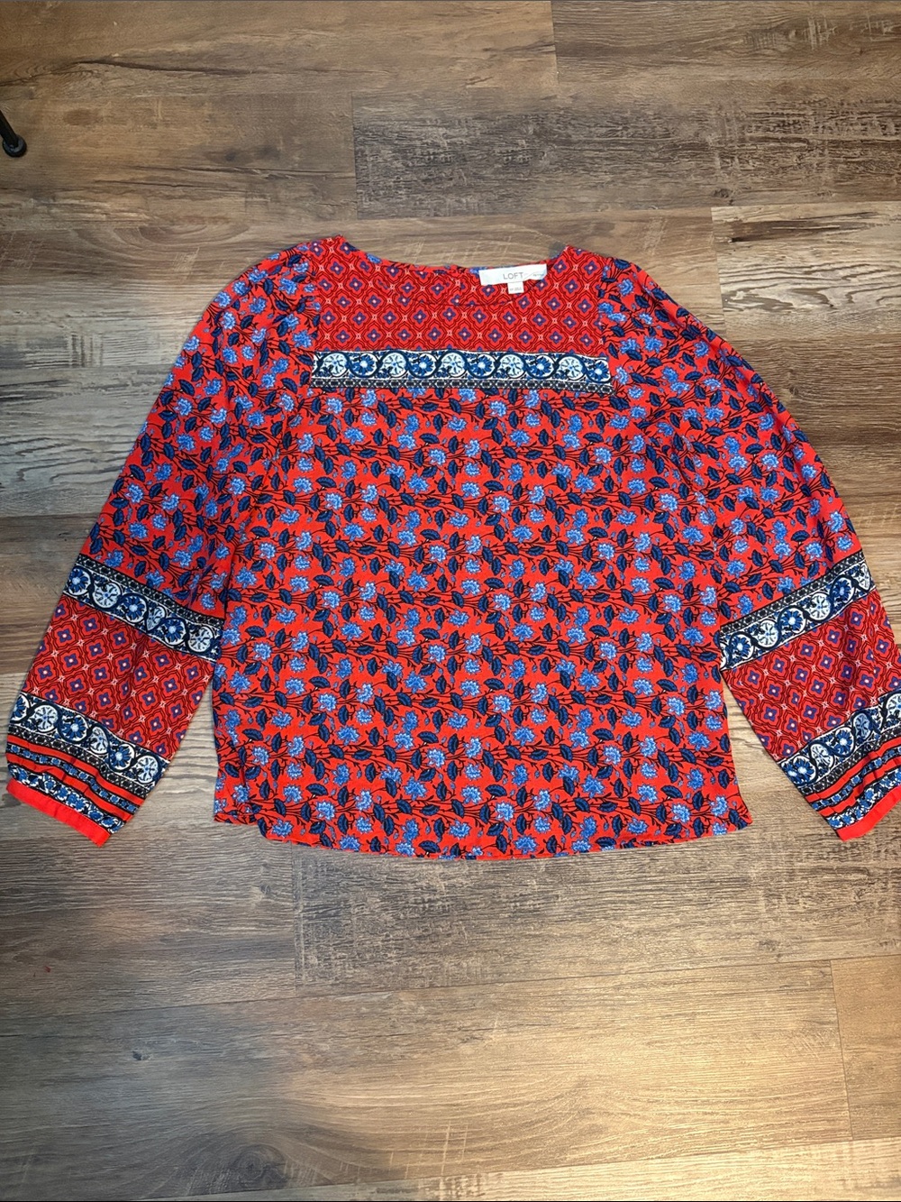 LOFT Red Floral & Blue Trim Long-Sleeve Top